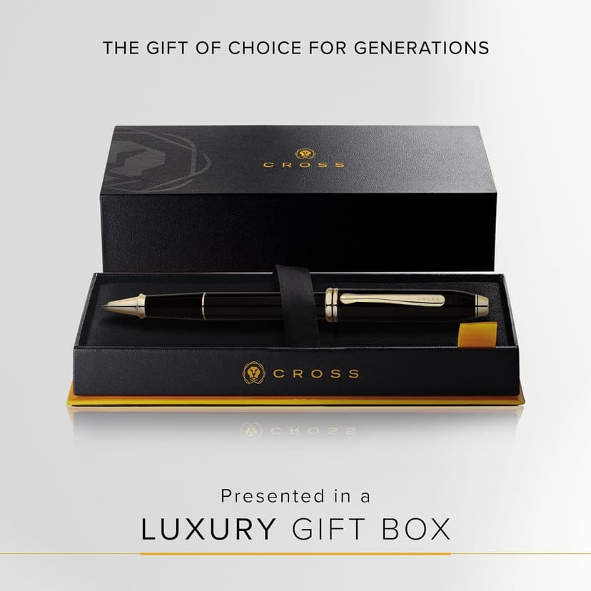 Cross Townsend Refillable Rollerball Pen Presented in a Luxury Gift Box - Medium Point, Black Ink, Black & Gold
