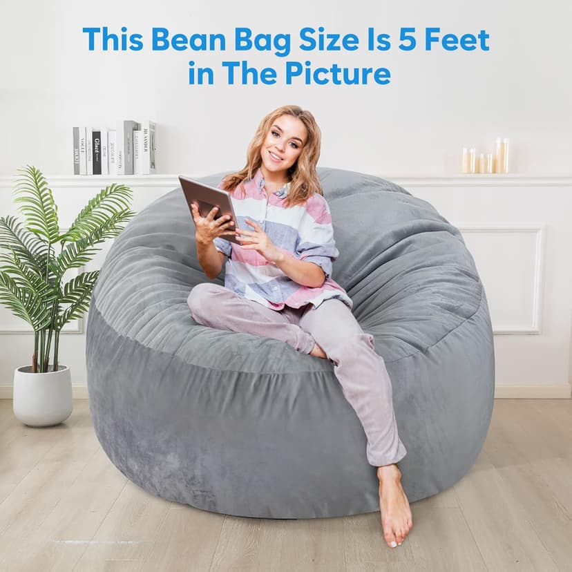 SHOUREN 3 Ft Bean Bag Chair,Memory Foam Bean Bag Chairs for Adults,Bean Bag Sofa for Living Room,Beanbag with Filler Included,Soft Velvet Fabric,Pull-Handle - 3 Foot,Dark Grey