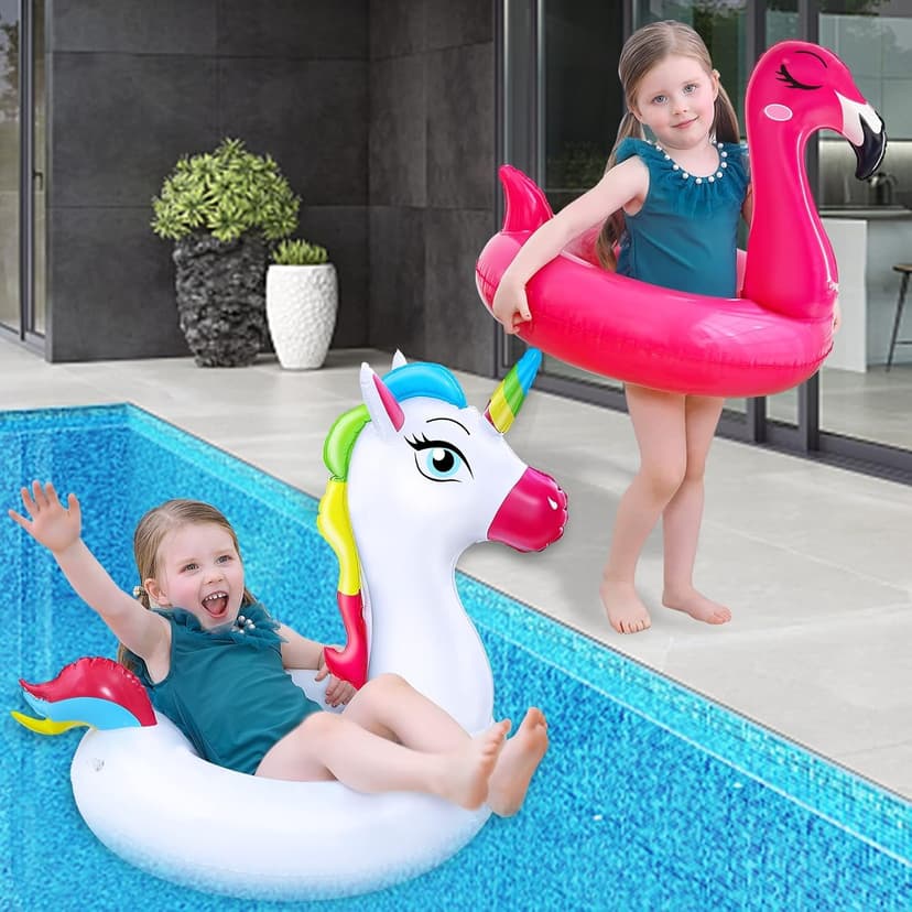 2 Pack Pool Floats for Kids Unicorn Flamingo Swim Ring Kids Pool Floaties Inflatable Swimming Pool Raft Party Water Toys for Age 2-5 Year Toddlers Girls Boys Summer Beach Float