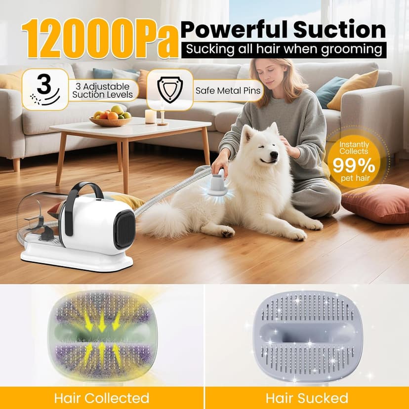 FIXR Dog Grooming Vacuum, All-in-One Pet Grooming Kit with Hair Clipper & Shedding Brush, Low Noise 12,000Pa Dog Hair Remover Vacuum, Pet Groomer Set with Cleaning Brushes, PG01