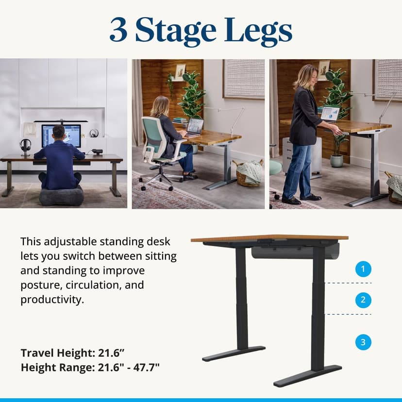 UPLIFT DESK Bamboo (48 x 30 inch) Standing Desk 2-Leg V3 Adjustable Stand Up C-Frame (Black), Advanced Keypad, Wire Grommets, Wire Tray, Rocker Board