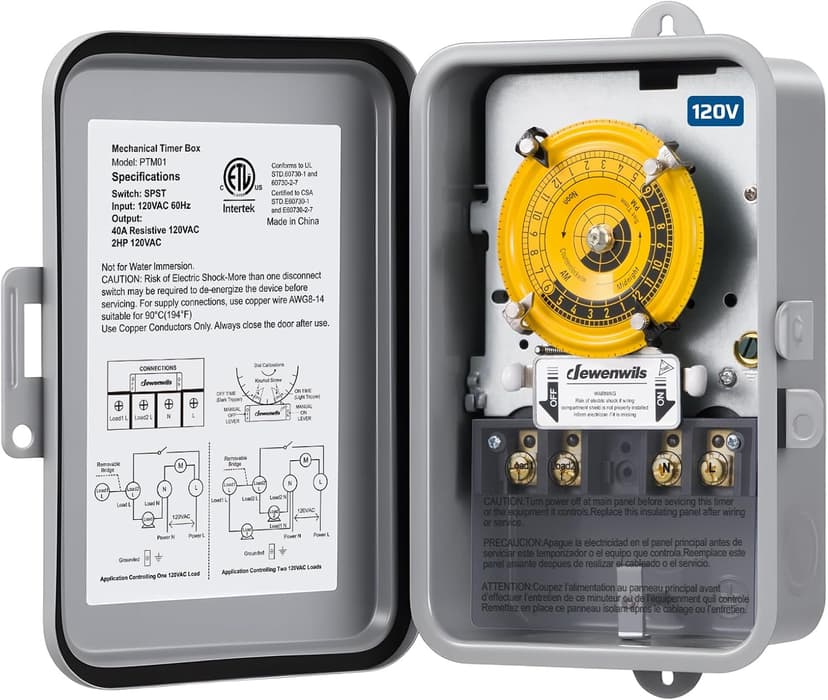 DEWENWILS 24-Hour Mechanical Timer Switch - 120VAC SPST, 2HP 40A, Metal Enclosure, Heavy Duty, Manual Override, Ideal for Pool Pump, Water Heater, Lights and Fans, Weatherproof, ETL Listed, Gray
