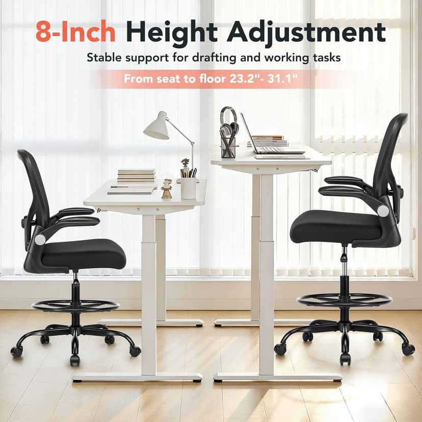Drafting Chair, Tall Office Chair for Standing Desk, Mesh High Desk Chair with Flip-Up Armrests, Ergonomic Office Chair with Lumbar Support, Adjustable Footrest Ring Studio Chair, Black