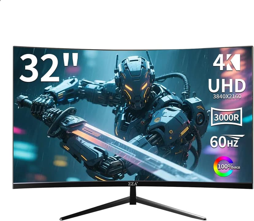 ZZA 32 Inch Curved Monitor 4K, 60HZ UHD (3840 * 2160P) 3000R VA Panel, Gaming Monitor with AMD Freesync, 100% sRGB HDR10 Wall Mountable (HDMI 2.0/DP 1.4 * 2)