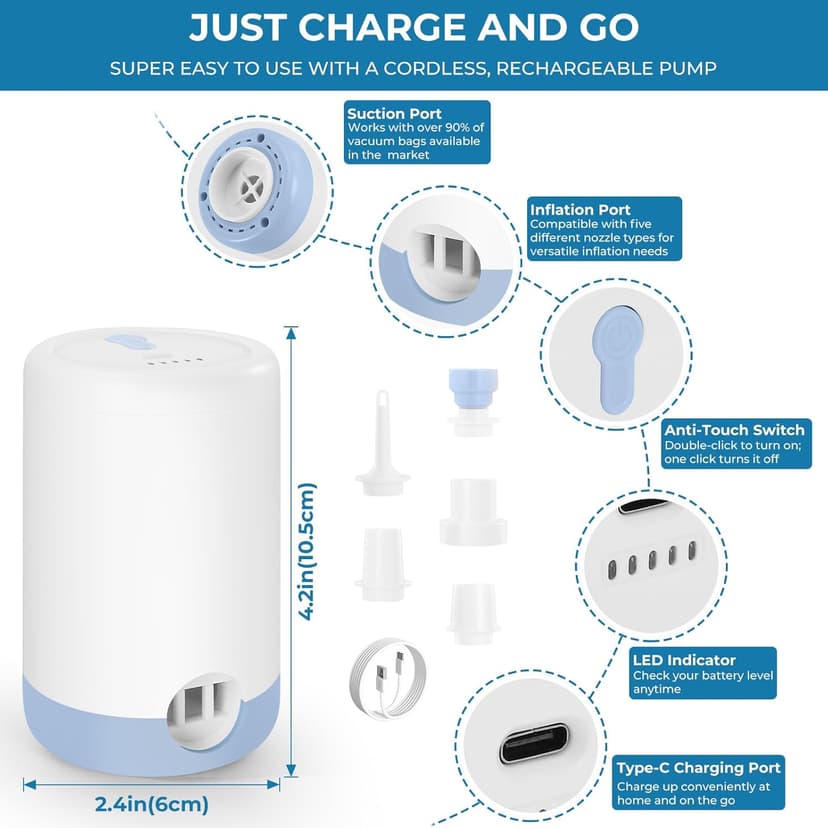 Vacuum Bags for Travel with Portable Electric Pump, 8 Pack Vacuum Seal Bags for Luggage and Suitcase Compression, Space Saver Vacuum Storage Bags for Clothes and Clothing Travel