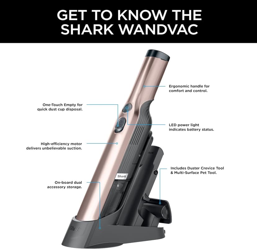 Shark WANDVAC Cordless Hand Vac, Lightweight, Portable at 1.4 lbs., Powerful Suction, Charging Dock, One-Touch Empty for Car & Home, Multi-Surface Pet Tool & Duster Crevice Tool, Rose Gold, WV201RGBRN