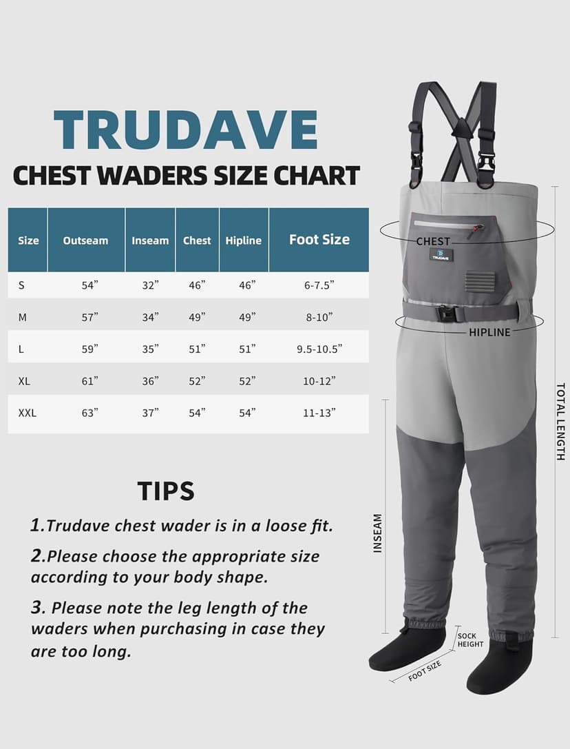 Trudave Fishing Waders, Waterproof Chest Waders for Men & Women, Lightweight Fly Fishing Stockingfoot Waders for Hunting