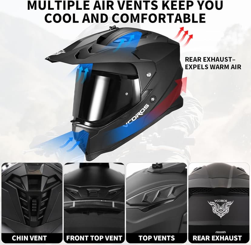 VCOROS Adventure Motorcycle Helmet VS-908 with Visor ATV Dirt Bike Off Road Motocross Full Face Helmet for Adults DOT Approved