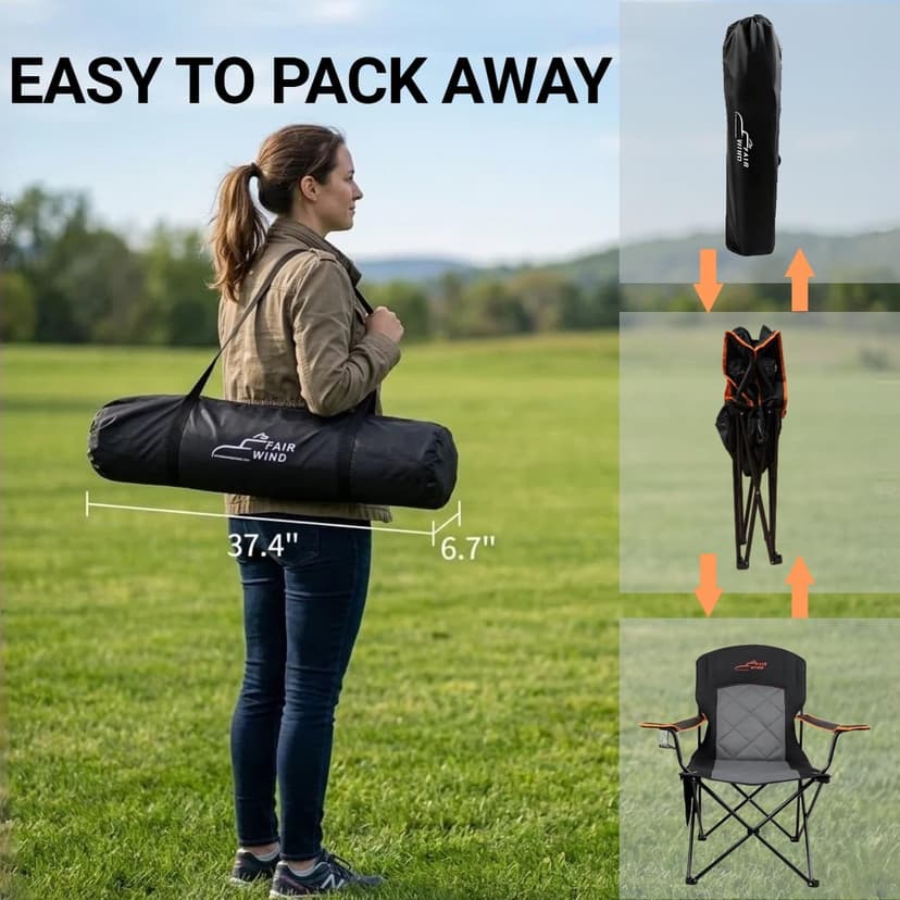FAIR WIND Oversized Fully Padded Camping Chair, Heavy Duty Quad Fold Chair Arm Chair Support 350 LBS with Cup Holder, Collapsible Lumbar Back Chair Portable for Outdoor, Black