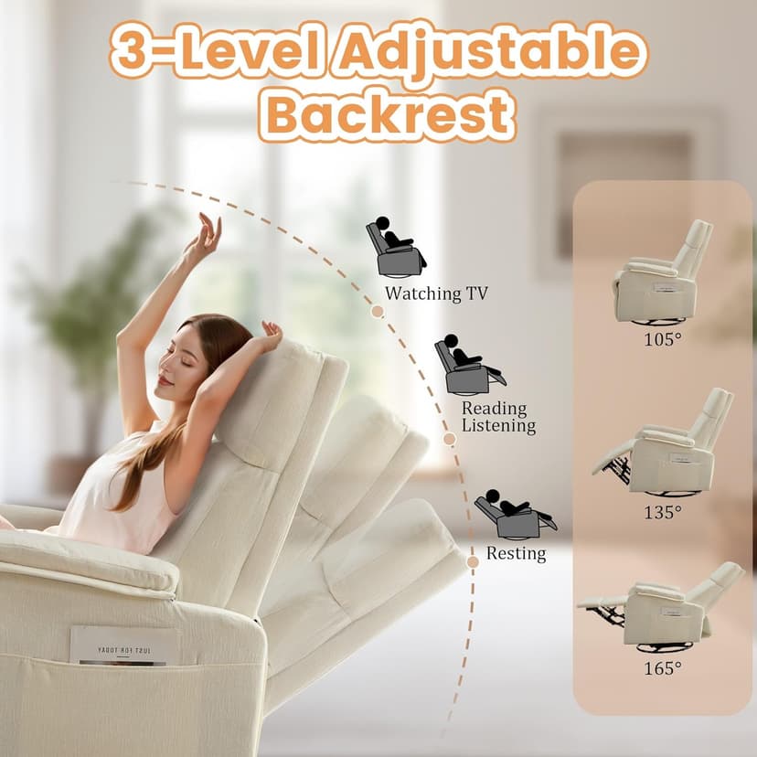 Korser Recliner Chair, Swivel Rocking Recliner Chair for Adults, Glider Rocking Chair, Small Nursery Chair Recliner for Living Room, Reclining Chair with Modern-Designed Armrests, Chenille, Beige