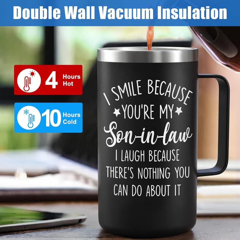 Lifecapido Son in Law Gifts, I Smile Because You’re My Son-in-law 20oz Insulated Coffee Mug, Birthday Christmas Gifts for Son in Law, Black
