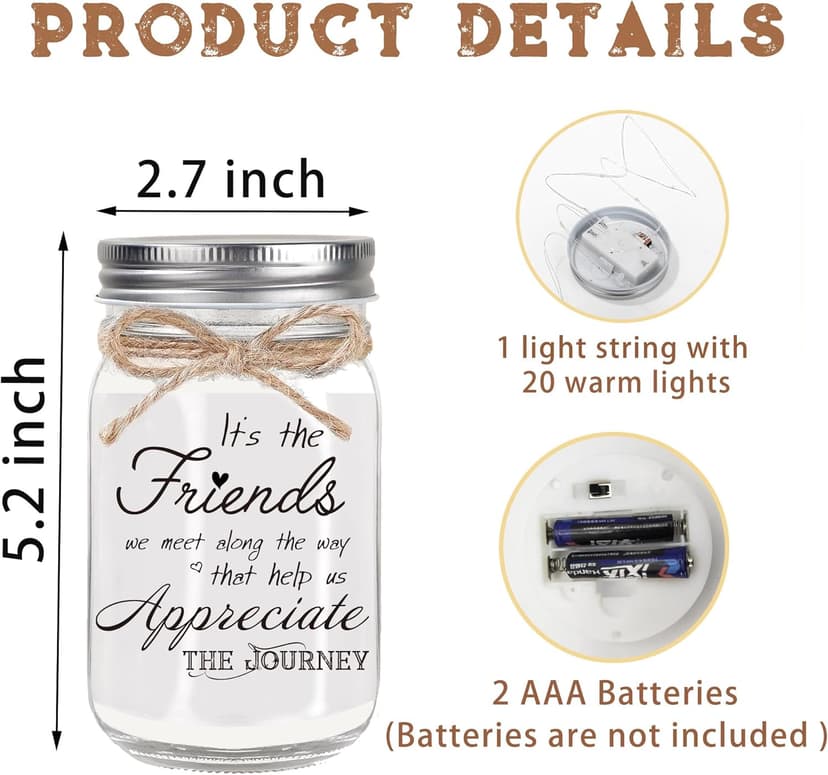 Birthday Gifts for Women Friendship, Mason Jar Night Lights for Friend, Thankgiving Christmas Gifts for Women, Suitable for Home Office Table Stands