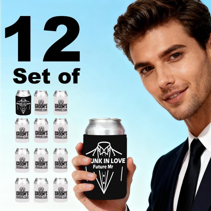12pcs Beer Can Cooler Sleeves Bachelor Party Favors Bride And Groom Gifts Suit Dress Can Cooler Insulated Sleeves Decorations for Wedding Eve Gift for Men Groom Groomsman