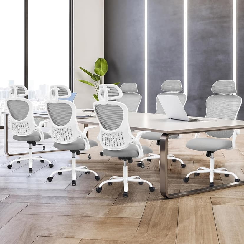 Sweetcrispy Home Office Desk Chair, Ergonomic High-Back Mesh Rolling Work Computer Chairs with Wheels and Adjustable Headrests, Comfortable Lumbar Support, Comfy Flip-up Arms for Bedroom, Study, Grey