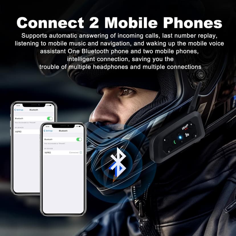 EJEAS V6 Pro Motorcycle Bluetooth Headset, Upgraded 2 Riders Intercom Helmet Communication System with Auto-Answering Call and Noise Reduction for Motorcycling Skiing and Climbing (2 Pack)