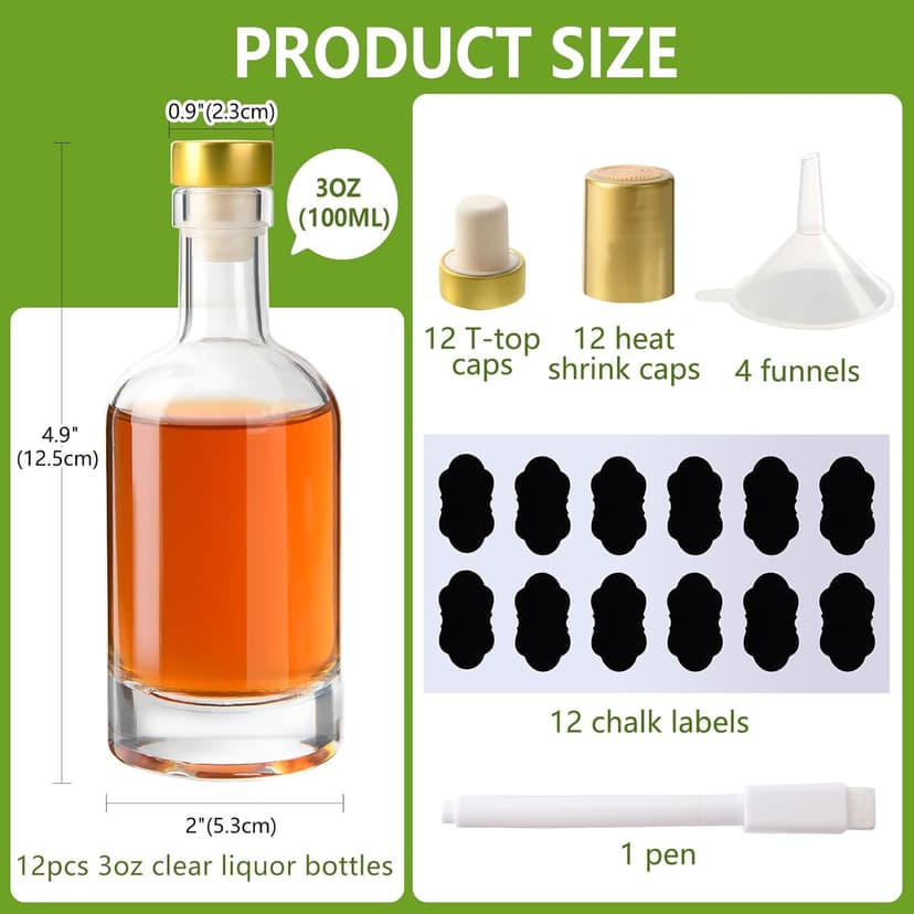 Glass Liquor Bottles with T-Top Caps and Heat Shrink Capsules, Empty Mini Vodka Bottles, Travel Shots Bottle for Wine, Alcohol, Whiskey, Beverages (3 oz 12 Pack)
