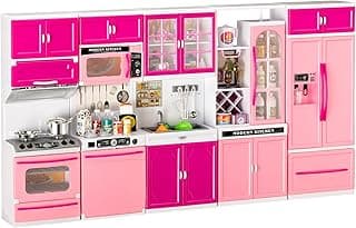 5 in 1 Kids Kitchen Playset Toys with Light & Sound, Doll House Furniture Accessories, 64 PCS Pretend Cooking Food Set, Play Kitchen for Toddlers, Gifts for Girl Ages 3-5 Year Old