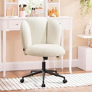 Furniliving Velvet Vanity Chair with Wheels, Adjustable Height Swivel Desk Chair& Lumbar Support, Armless Upholstered Makeup Chair for Bedroom Home Office Study Room (White, Flower)
