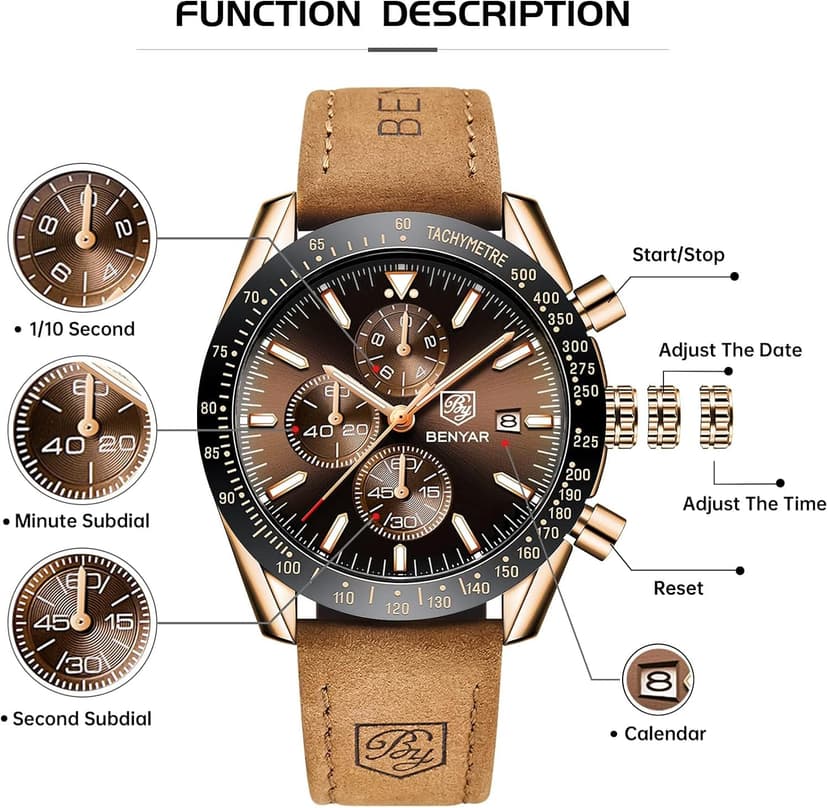 BENYAR Mens Watches Quartz Analog Chronograph Waterproof Wrist Watches for Men Fashion Business Work Casual Sport Dress Watch with Calendar