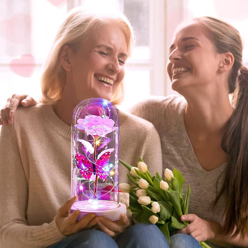 Beferr Christmas Rose Gifts for Women Mom Birthday Gifts, Galaxy Glass Rose Forever Preserved Flowers for Delivery Prime Light Up Rose in Glass Dome with Butterfly Xmas Gifts for Grandma Her Wife