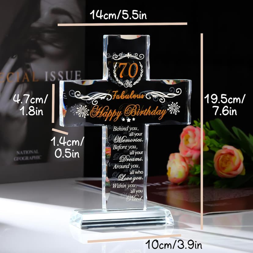 70th Birthday Cross Gifts for Women, Men, Standing Glass Keepsake for 70 Year Old Birthday Religious Presents for Mom, Dad, 70th Fabulous Birthday Gifts Ideas
