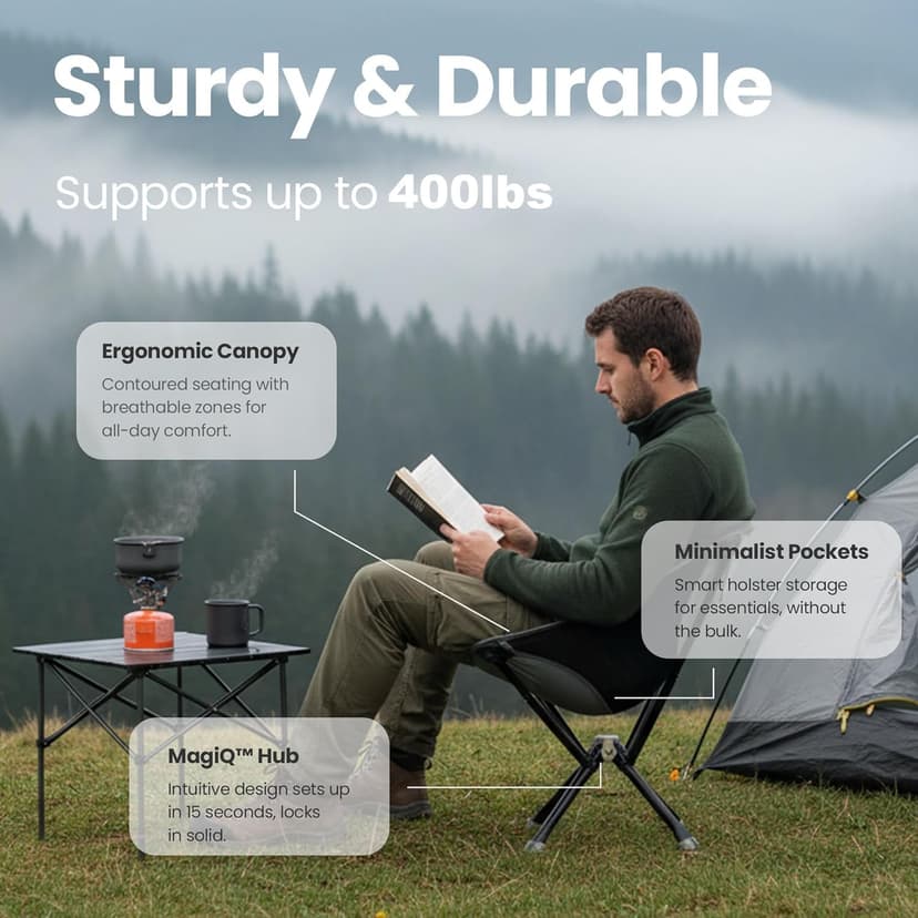 CLIQ ClassiQ 2.0 Camping Chair with Carry Bag - Portable Folding Chair & Bag for Outdoors - Reinforced 400 lb Capacity - Quick-Setup Travel Chair for Camping, Beach & Hiking - Ultimate Grey
