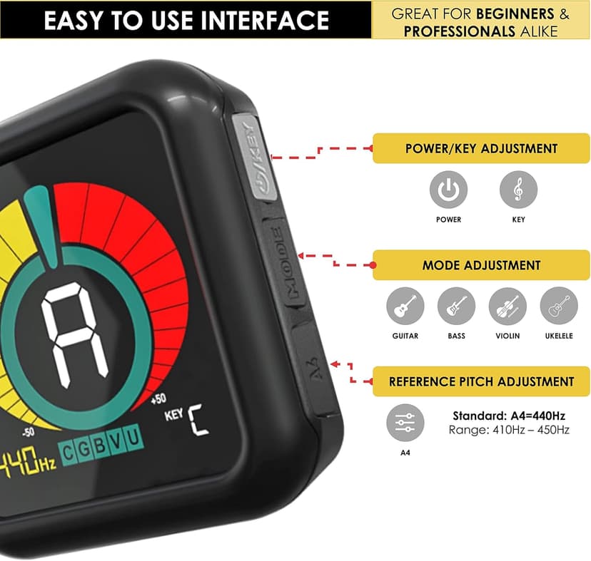 KLIQ UberTuner, Professional Clip-On Tuner for Guitar, Bass, Ukulele, Violin, Mandolin, Banjo & All Instruments, Fast & Accurate Chromatic Tuning with Multi-Key Modes, Black