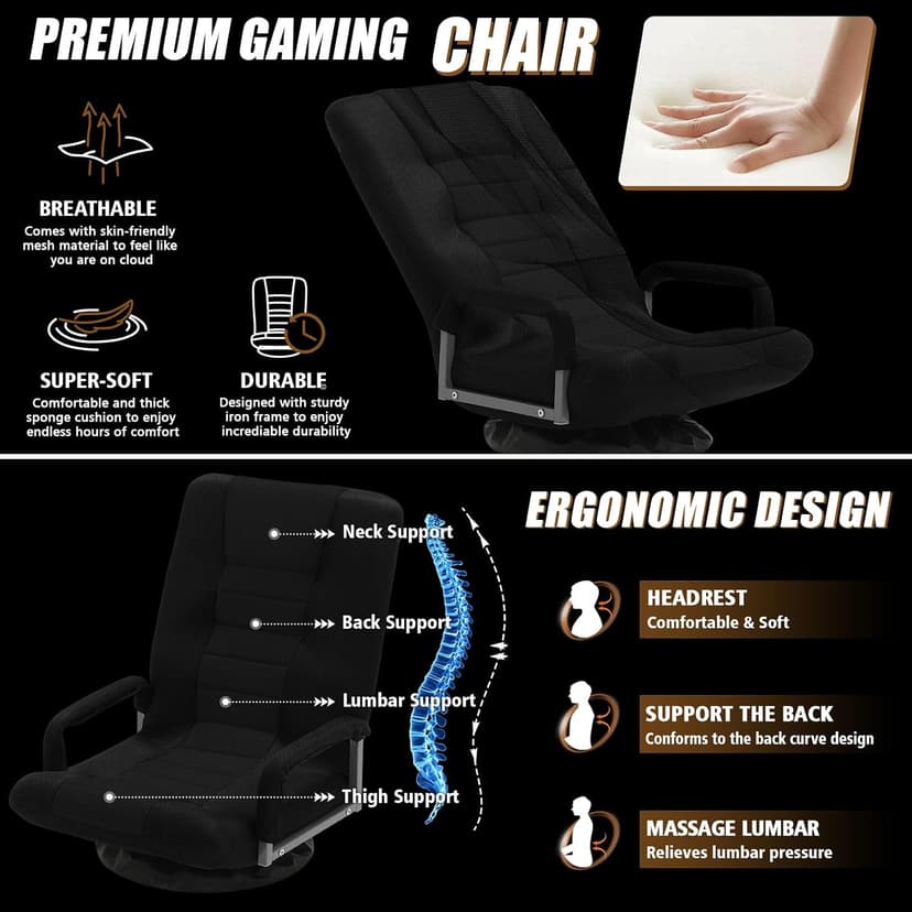 Swivel Gaming Chair Multipurpose Floor Gaming Chair for Playing Video Games, TV, Reading w/Armrest Lumbar Support & 6 Adjustable Postion Backrest for Adults, Black
