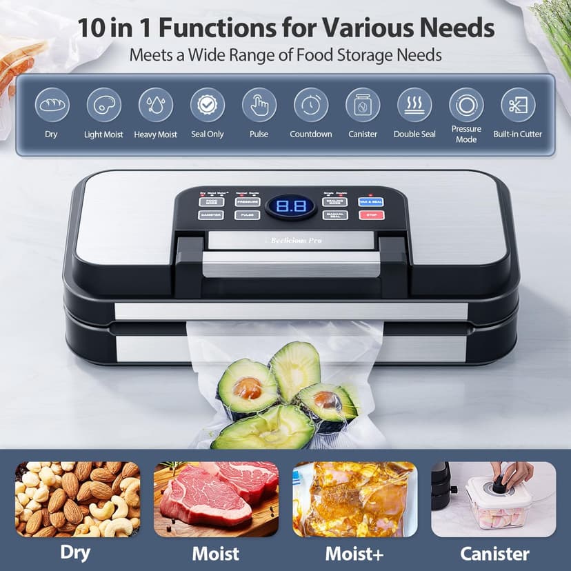 95Kpa Powerful Precision Pro Vacuum Sealer, with Double Heat Seal & Double Pump, Easy-Lock Handle, 10-in-1 Vacuum Sealer Machine for Food with Bags Storage, Built-in Cutter, Stainless Steel