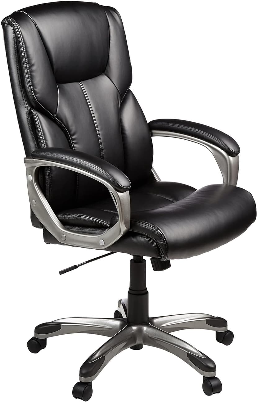 Amazon Basics Executive High Back Office Chair, Adjustable Height, Tilt, Swivel, Padded Seat, Bonded Leather, Wheels, Black/Silver