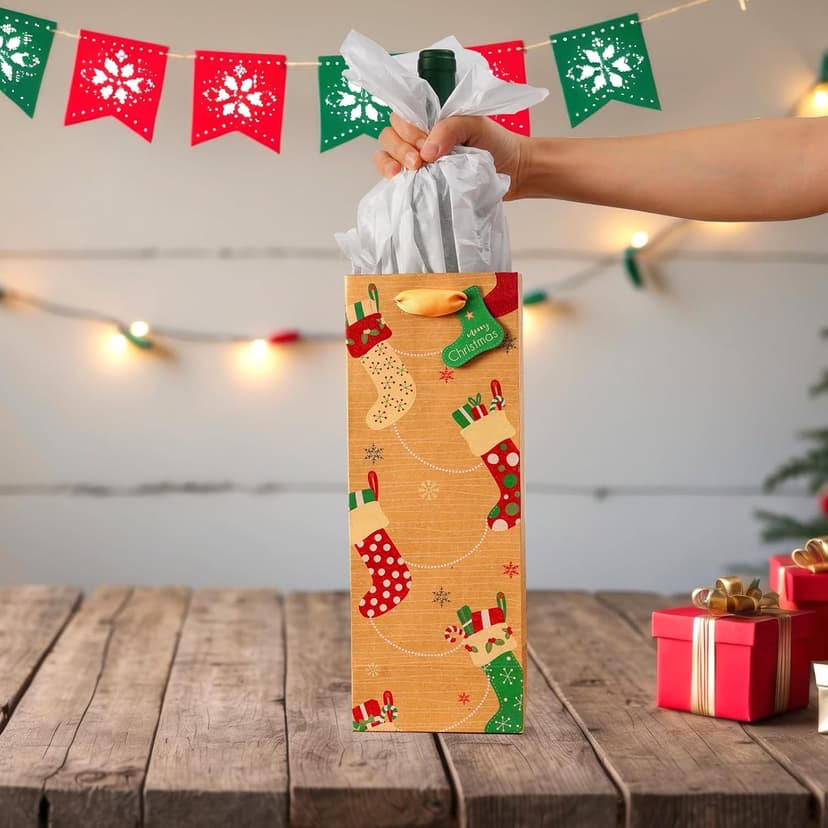 Nihuecne 16 Pack Christmas Wine Bags with Tags & Tissue Paper for Xmas Holiday Gift Wrap,8 Designs (5 x 13 x 4 In)