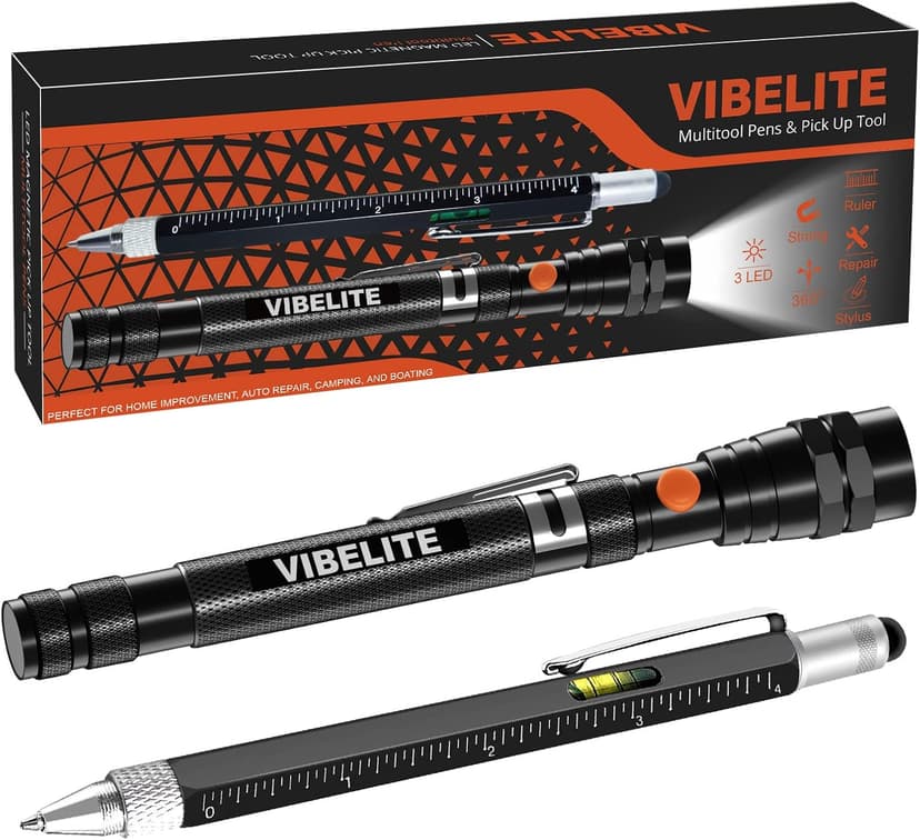 Magnetic Pickup Tool and 6 in 1 Multitool Pen with Touch Screen Stylus, Rulers, Bubble Level, Flathead, Phillips Screwdriver, Ballpoint Pen, Christmas Gifts Stocking Stuffers for Men, Teen Boys, 2Pack