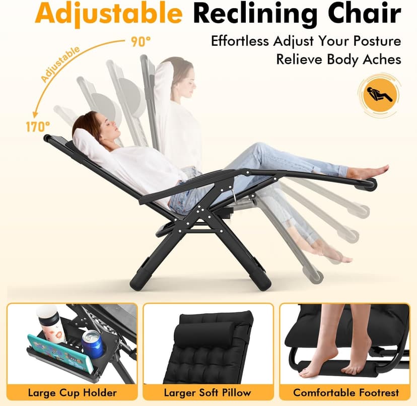 Slendor Oversized Zero Gravity Chairs XXL, 33In Padded Zero Gravity Lounge Chair, Lawn Recliner, Folding Patio Reclining Chair w/Aluminum Alloy Lock, Headrest, Cup Holder, Support 500lbs, Black