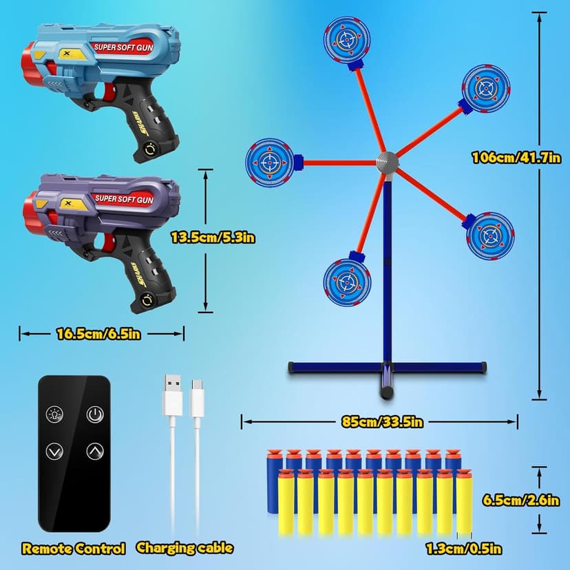 Rocket Shooting Games Toys with Rotating Target 2 Toy Guns 20 Foam Darts Kids Outdoor Toys for Boys Age 5 6 7 8 9 10+ Year Old Carnival Games Compatible with Nerf Guns