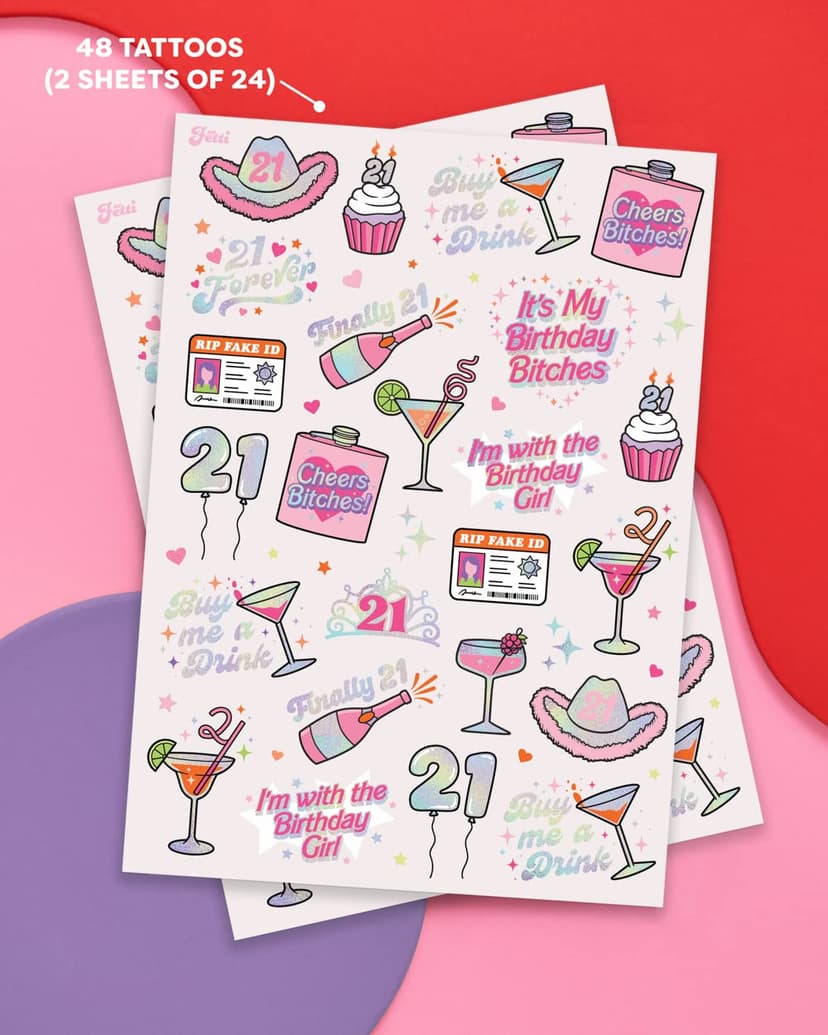 Party Decorations, Fun, Bday Girl, RIP Fake ID, HBD, Disco Cowgirl, Twenty One Tiara xo, Fetti 48pc 21st Birthday Temporary Tattoos | Finally 21 Bday Party B0B78DMSR7