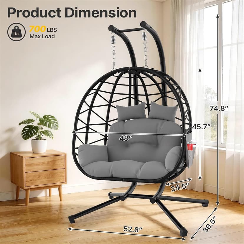 Suteck Double Hanging Egg Chair with Stand, Outdoor Indoor 2 Person Wicker Egg Swing Chair with Cushion, 700lbs Capacity for Patio, Bedroom, Garden - Black