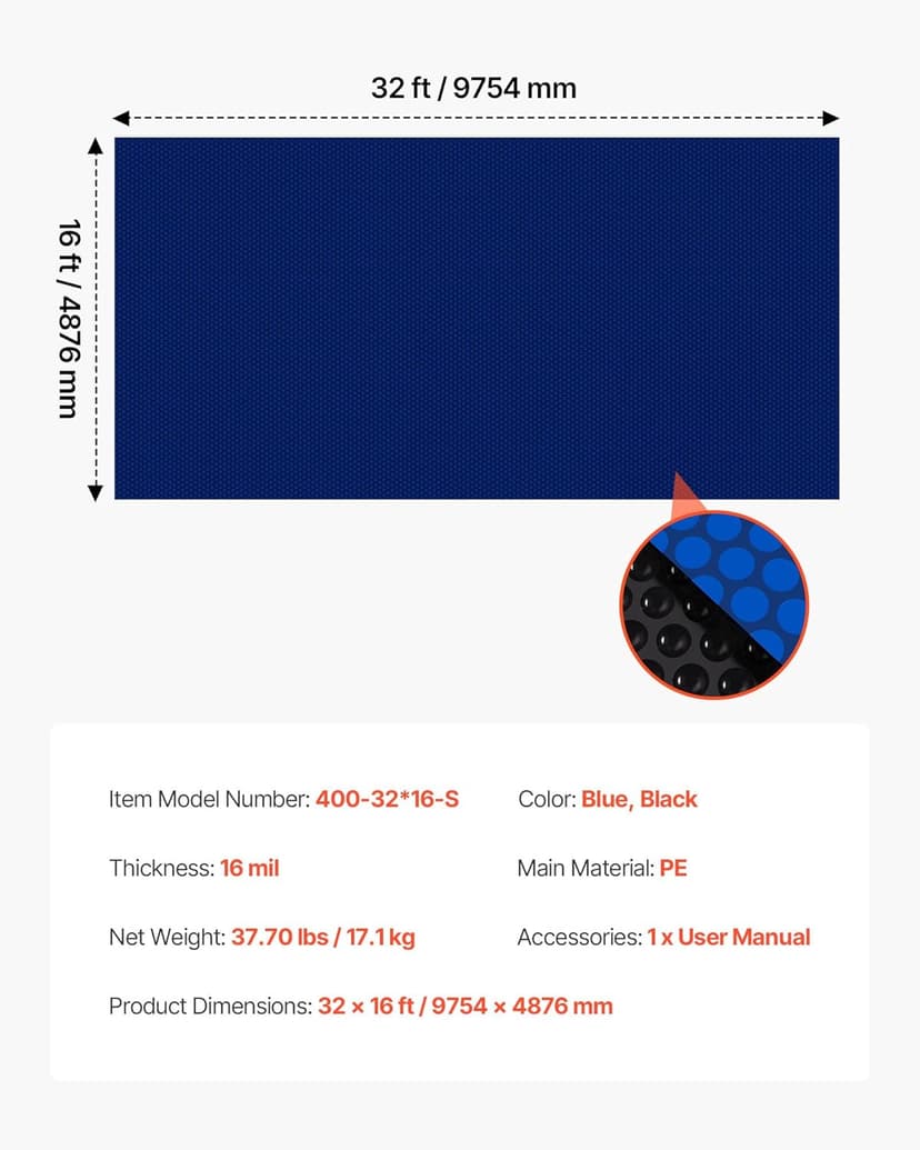 VEVOR Solar Pool Cover, 32 x 16 ft Pool Bubble Cover, 16 Mil Pools Solar Blanket with Dual Heat-Locking Air Layer for Pools, Daytime Heat Absorption, Nighttime Heat Retention, Blue & Silver, Cuttable