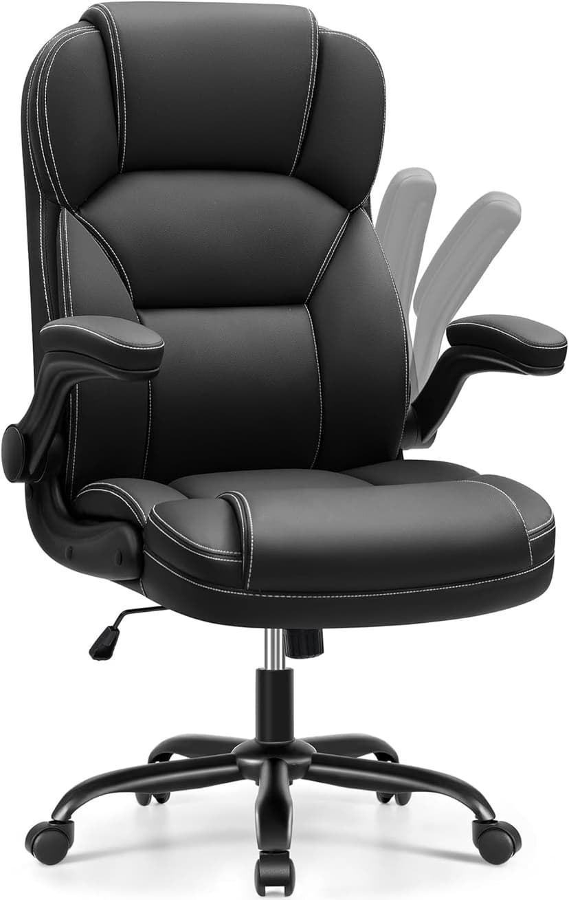PU Leather Executive Office Chair, Ergonomic High-Back Computer & Gaming Chair with Adjustable Height, Rolling Swivel & Flip-Up Armrests, Comfy Padded Seat for Home Office-Black