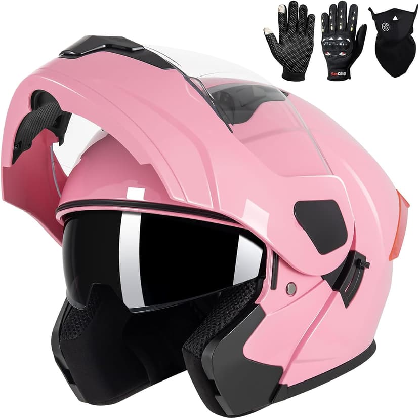Adult Modular Motorcycle Helmets, DOT Approved Flip up Dual Visor Full Face Helmet for Men Women Moto ATV UTV Snowmobile ADV Four Wheeler Street Bike with Gloves & Mask