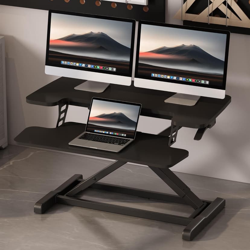 FLEXISPOT 32" Standing Desk Converter, Space-Saving Desktop Riser for Home Office, Sit Stand Computer Workstation for Laptop & Dual Monitor Setup, Black