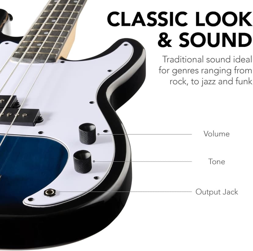 Best Choice Products Full Size Beginner 4-String Electric Bass Guitar, Wooden PB-Style Bass Starter Set w/Padded Carrying Case - Hollywood Blue/White