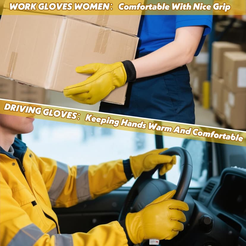 DLY Winter Work Gloves for Men, Water-Resistant, Insulated, Puncture and Abrasion Resistant, Cowhide Leather with Warm Thinsulate Lining for Cold Weather, Large, Yellow, New