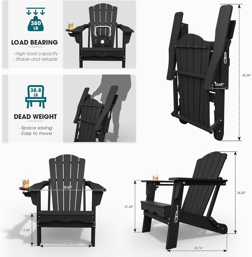 THOEOE Folding Adirondack Chair,HDPE All-Weather Outdoor Chair with Cup Holder,Wooden Textured,Fire Pit Chair,Plastic Patio Chair for Deck,Backyard,Garden,Lawn, Black
