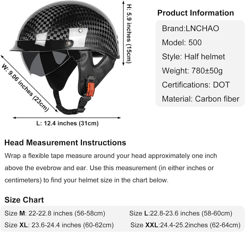 Carbon Fiber Motorcycle Half Helmet for Adults Men & Women – DOT Approved Open Face Retro Helmets with Visor, Vintage Design for Scooter, Moped, Cruiser