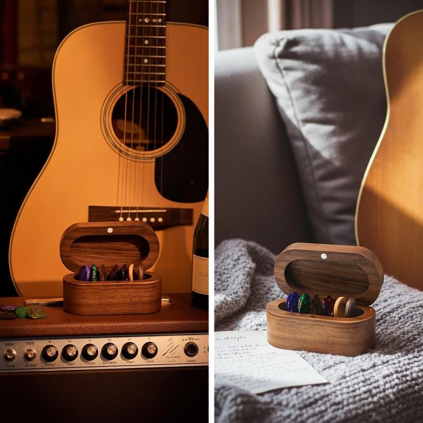 Onmiwod Guitar Pick Holder Set with 2 Color Wood Picks and 8 Celluloid Picks in 3 Thicknesses, Wooden Guitar Pick Case, Mini Jewelry Box, Guitar Music Accessories Gifts for Guitar Lover Player B0FMS2J7FV