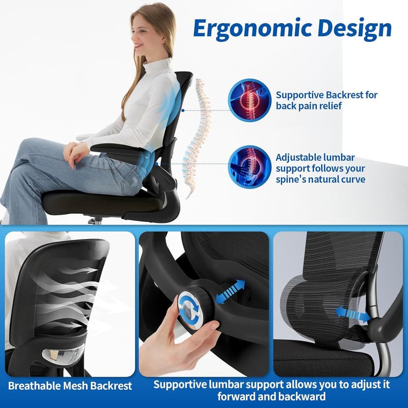 TRALT Drafting Chair - Tall Office Chair for Standing Desk - High Office Chair with Adjustable Footrest Ring Lumbar Support - Tall Office Chairs for Home Office with Flip-Up Armrests (Black)