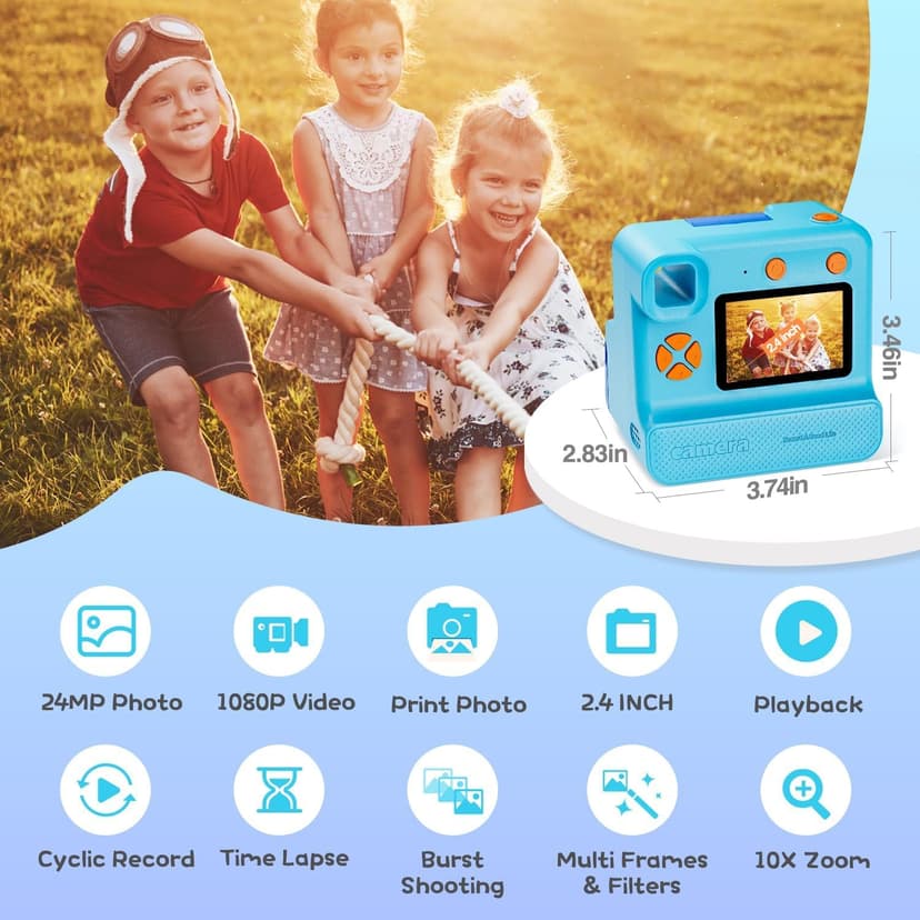 Kids Camera Instant Print, Christmas Birthday Gifts for Girl Boys 3-12 Years Old, FHD Selfie Digital Video Cameras Toddler 3 Rolls Print Paper & 32G Card (Blue) B0CSYC751H