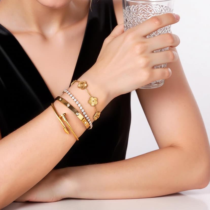 18K Gold Plated Bangle Bracelet Set for Women Stackable Lucky Floral Adjustable Tennis Bracelet Non Tarnish Gift Jewelry for Christmas Valentines Birthday Mother's Day B0FH8ZYLJL