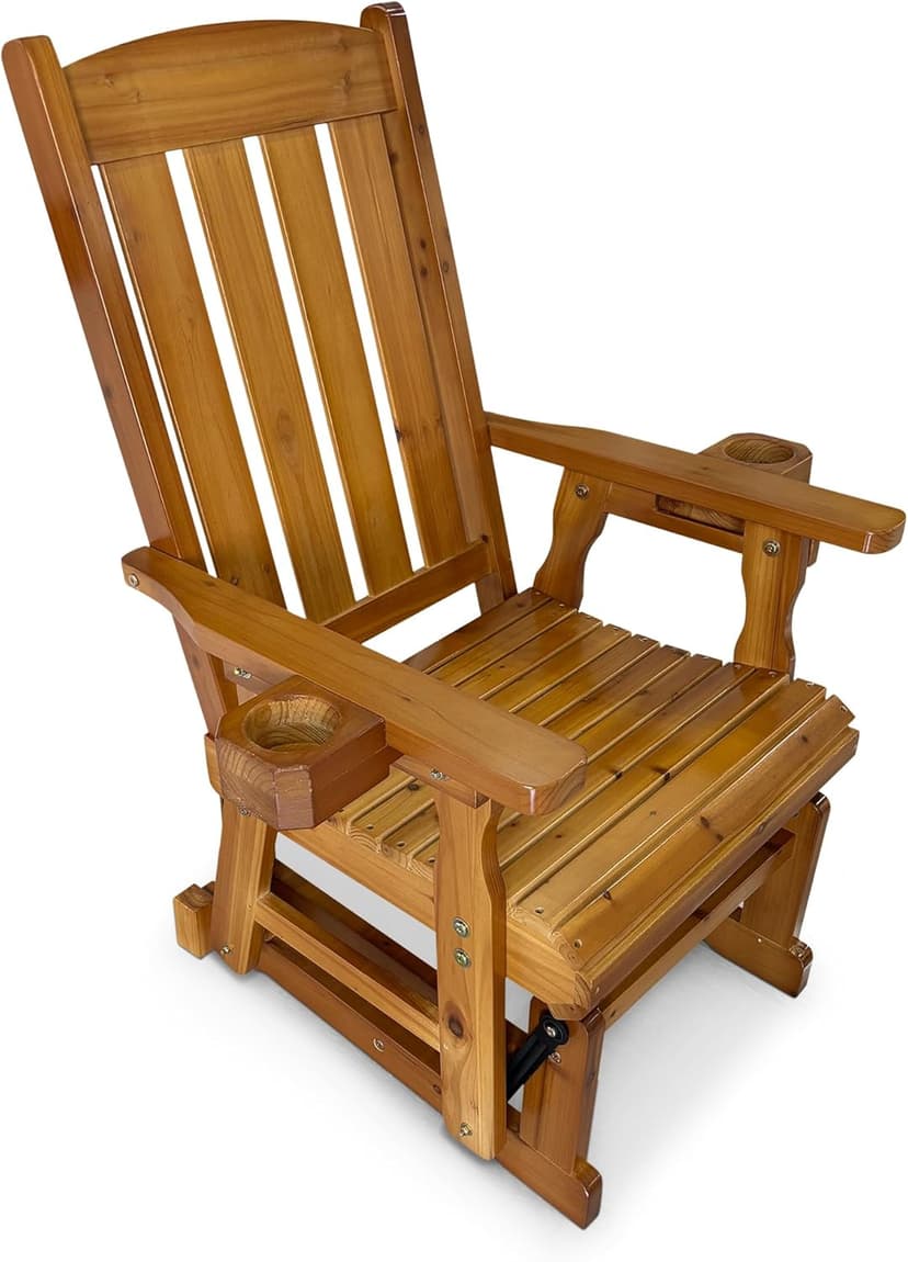 Fortune Candy Wooden Patio Glider for One Person, with High Back and Deep Contoured Seat, Solid Fir Wood, Heavy Duty 600 LBS (Cedar Tone, 1-Seater)
