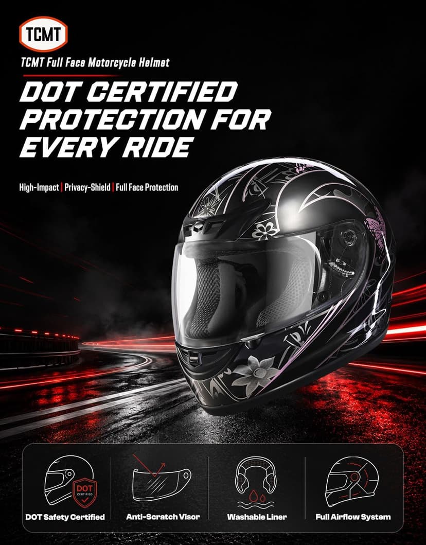TCMT Size-S Full Face Motorcycle Helmet for Adults Men Women, Lightweight Polycarbonate Street Bike Dirt Bike Helmet with Anti-Scratch Mirror Shield and Removable Liner, DOT Approved